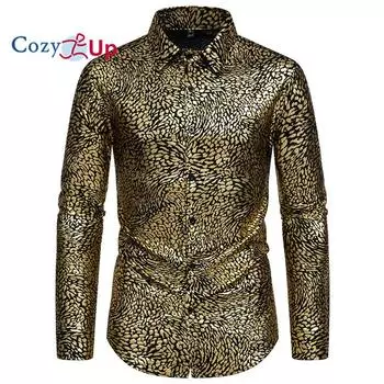 Уютные мужские хипстерские жаккардовые атласные шелковые рубашки с длинными рукавами на пуговицах для вечеринки, выпускного вечера S золотой