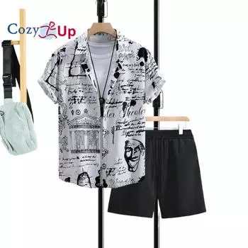 Уютные мужские костюмы-рубашки с графическим рисунком, комплект белых рубашек с короткими рукавами и воротником на пуговицах для отдыха, выхода в свет, одежда с принтом, одежда для пляжа S белый