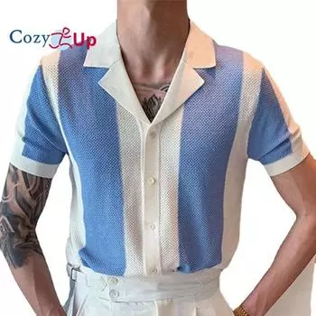 Уютные мужские кубинские рубашки на пуговицах, повседневная трикотажная рубашка с коротким рукавом, летние пляжные топы M синий