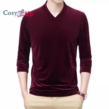 Уютные мужские однотонные золотистые бархатные футболки с длинными рукавами и v-образным вырезом M чёрный