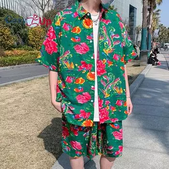 Уютные мужские повседневные рубашки-рубашки на пуговицах с короткими рукавами, костюмы, пляжные комплекты из 2 предметов с цветочным принтом M красный