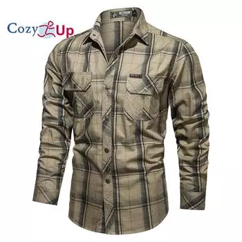 Уютные мужские повседневные рубашки в клетку из 100% хлопка на пуговицах с несколькими карманами M зелёный