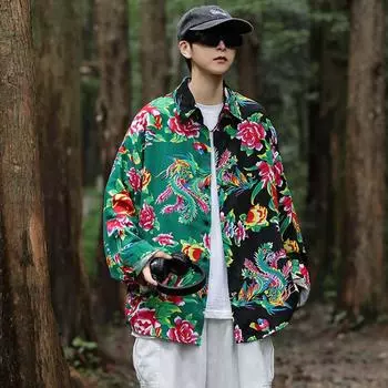 Уютные повседневные рубашки с длинными рукавами и цветком пиона для мужчин и женщин, свободные костюмы ханьфу M чёрный