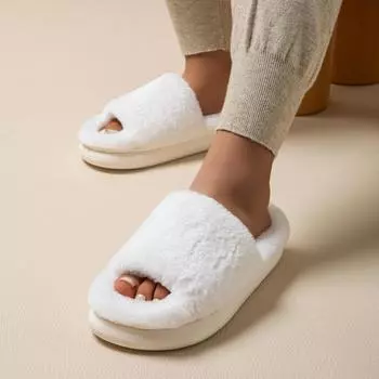 Уютные Пушистые Домашние Тапочки из Искусственного Меха, Однополосные Тапочки на Платформе с Открытым Носком, Удобные Теплые Домашние Тапочкиjavascript: 36-37