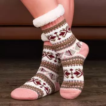 Уютные пушистые носки-тапочки для женщин — нескользящие, с толстой подкладкой из шерпы, зимнее тепло, уникальный геометрический узор чёрный