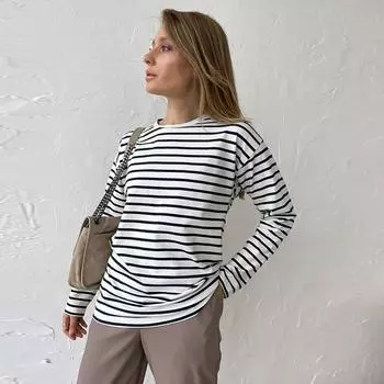 Уютные свободные футболки с длинным рукавом в полоску для женщин, осенние базовые повседневные хлопковые топы с круглым вырезом, блузка в уличном стиле S чёрный