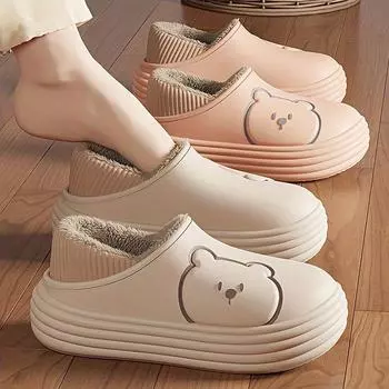 Уютные женские тапочки с мультяшным медведем, водонепроницаемая и нескользящая подошва EVA для зимнего комфорта 36-37 розы красного