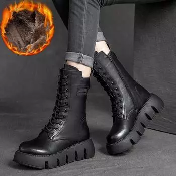 Уютные зимние ботинки для женщин с плюшевой подкладкой, застежкой-молнией, круглым носком, на танкетке, со шнуровкой ручной работы и платформой 35 коричневый