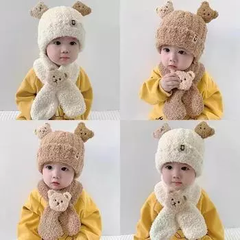 Уютный детский зимний комплект из шарфа и шапки - теплая защита ушей для мальчиков и девочек Children s ear protection bear бежевый