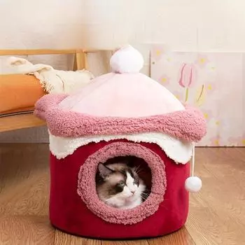 Уютный домик для кошек и собак в стиле принцессы - теплый полиэстер, простая сборка, идеально подходит для осени/зимы, теплая лежанка для кошек M