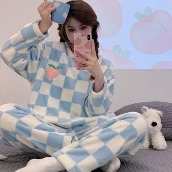 Уютный флисовый пижамный комплект с принтом «Мультяшный кот и вишня» для женщин - Комплекты - Мягкий, утолщенный, с длинным рукавом, круглым вырезом M розовый