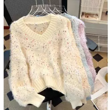 Уютный и шикарный свитер с V-образным вырезом в цветной горошек, идеальный для весны one size светло-фиолетовый