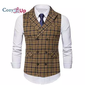 Уютный клетчатый костюм, жилет, мужской клетчатый деловой жилет без рукавов для джентльменов, приталенный крой