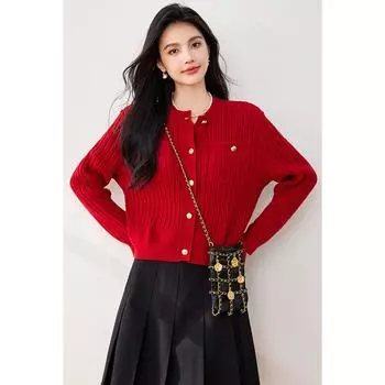 Уютный красный вязаный свитер свободного кроя в шикарном стиле для зимы S красный