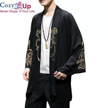 Уютный модный костюм с вышивкой Hanfu, мужской льняной халат в китайском стиле, куртка-кардиган, кимоно большого размера, старинное пальто, мужское