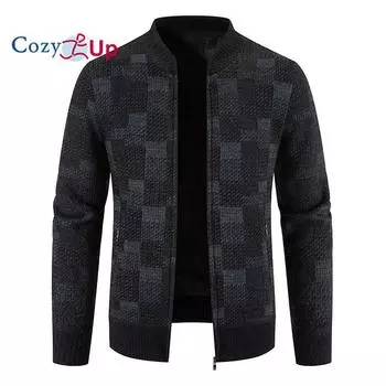 Уютный модный мужской свитер плюс бархатный толстый вязаный кардиган с бейсбольным воротником в клетку M бордовый