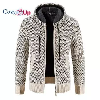 Уютный мужской кардиган с капюшоном, вязаный теплый однотонный повседневный свитер M бежевый