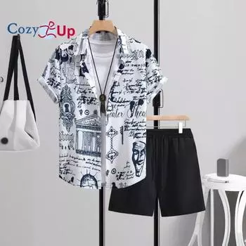 Уютный мужской комплект из 2 предметов, рубашка на пуговицах с цветочным тропическим принтом и шорты на шнурке S белый