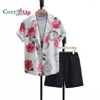 Уютный мужской комплект из 2 предметов с тропическим принтом, гавайская рубашка на пуговицах с короткими рукавами и комплект пляжных шорт S белый