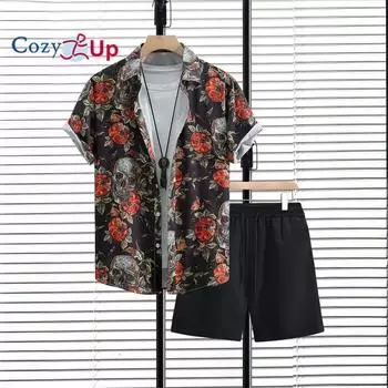 Уютный мужской комплект из 2 предметов в гавайском стиле, рубашка с короткими рукавами на пуговицах и шорты, комплект пляжных спортивных костюмов S чёрный