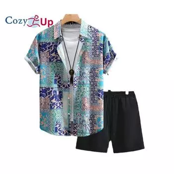 Уютный мужской летний костюм из 2 предметов в гавайском стиле, комплект из рубашки и шорт, гавайский пляжный спортивный костюм для серфинга, пляжной вечеринки S синий