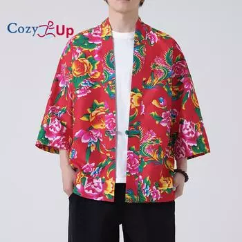 Уютный мужской повседневный кардиган со средними рукавами и большим цветком, рубашка большого размера с защитой от солнца M зелёный