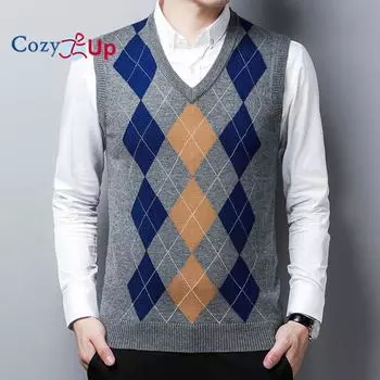 Уютный мужской пуловер без рукавов с V-образным вырезом, облегающий повседневный свитер с узором Argyle, жилет M чёрный