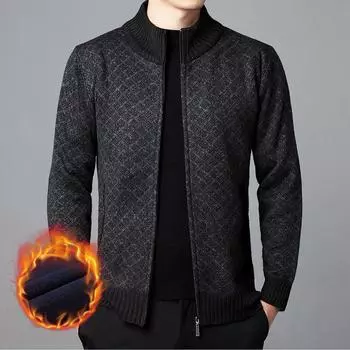 Уютный мужской свитер-кардиган на молнии с воротником-стойкой, облегающий повседневный вязаный свитер с 2 передними карманами L светло-серый