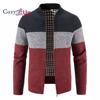 Уютный мужской теплый вязаный кардиган-свитер с застежкой-молнией внутри бархата XXL красный