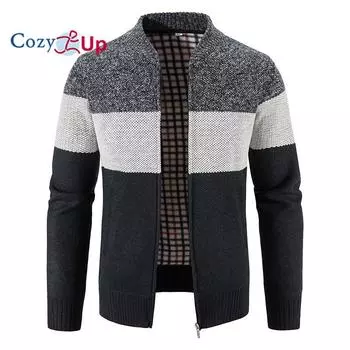 Уютный мужской теплый вязаный кардиган-свитер с застежкой-молнией внутри бархата M темно-синий