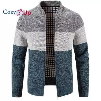 Уютный мужской теплый вязаный кардиган-свитер с застежкой-молнией внутри бархата M темно-синий