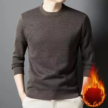 Уютный мужской трикотажный свитер с флисовой подкладкой - повседневный полосатый свитер с круглым вырезом, длинными рукавами для осени/зимы, осень-зима, мужской свитер M серый