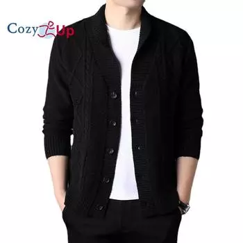 Уютный мужской вязаный кардиган, молодежная жаккардовая куртка с полуоткрытым воротником, свитер M хаки