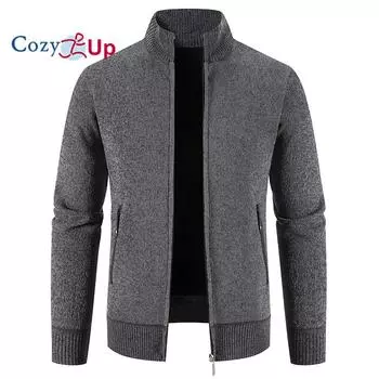 Уютный новый свитер, мужской флисовый теплый вязаный однотонный воротник-стойка на молнии, облегающий кардиган L темно серый
