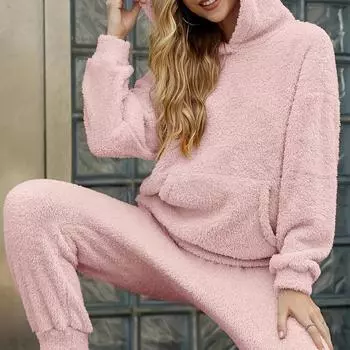 Уютный однотонный комплект из двух предметов Тедди - топы с капюшоном и карманом-кенгуру с длинными рукавами, теплые и удобные, длинные S абрикосовый