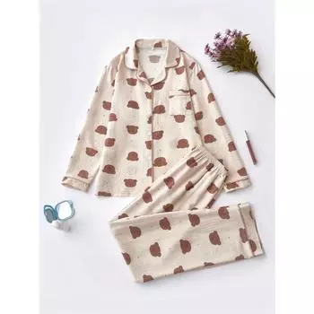 Уютный пижамный комплект с принтом медведя для женщин — длинный рукав, топ с застежкой на пуговицы и брюки с эластичным поясом, машинная стирка, на осень S