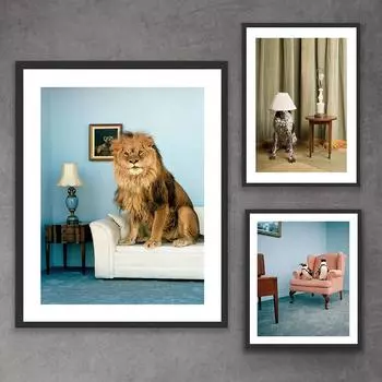 Уютный постер с изображением льва, принт в прятки, Шоу пингвинов, холст, живопись, современные винтажные настенные художественные фотографии с животными, детский домашний декор 21x30cm No Framed