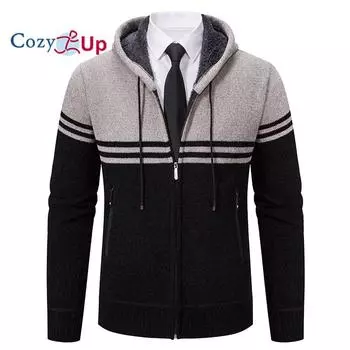 Уютный повседневный мужской вязаный свитер с длинными рукавами и цветными блоками, кардиган с капюшоном M чёрный