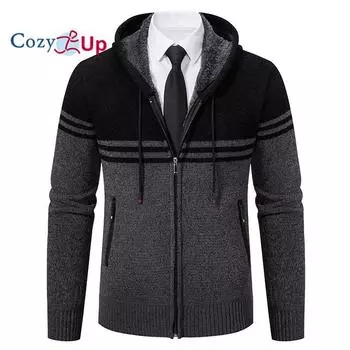 Уютный повседневный мужской вязаный свитер с длинными рукавами и цветными блоками, кардиган с капюшоном M темно-синий