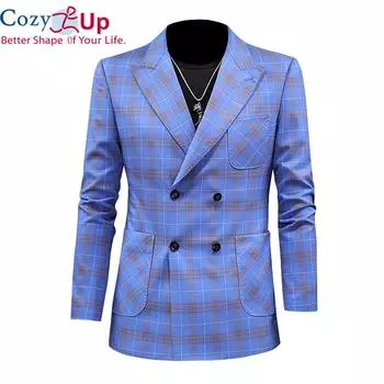 Уютный стильный двубортный пиджак, мужские небесно-голубые клетчатые пиджаки для мужчин, повседневные клетчатые пиджаки Terno Masculino Slim Fit S небесно-голубой