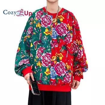 Уютный свитер с круглым вырезом и большим цветком, большой размер, лоскутный мужской повседневный пуловер контрастного цвета, униформа команды M чёрный