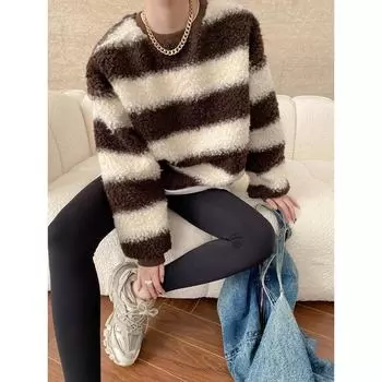 Уютный свитер Sinan Cozy из искусственной овечьей шерсти с контрастными полосками SN6805 L коричневый