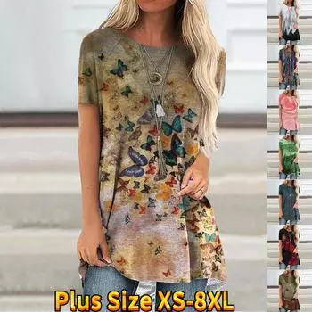 Уютный топ, женские повседневные футболки с красивым принтом, винтажные рукава реглан, женские модные футболки с короткими рукавами, S-8XL XL