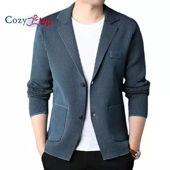 Уютный вязаный костюм, полосатое мужское пальто, повседневный кардиган M серый