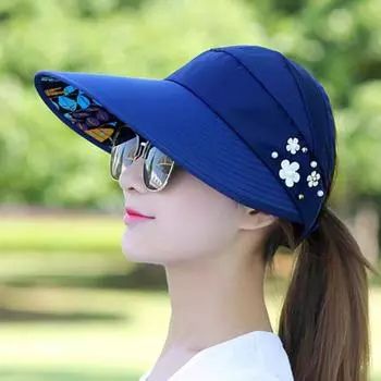 UV Protection Women Sun Hat Wide Brim Beach Visor Cap Portable Summer Ponytail Cap Outdoor