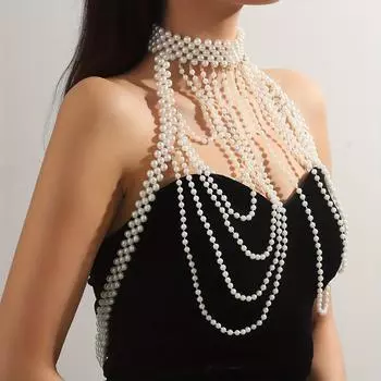 Увеличенная цепочка для тела из искусственного жемчуга ручной работы, плечевая цепочка, цепочка для бюстгальтера, многослойное ожерелье с кисточками, ювелирные изделия, летняя пляжная вечеринка