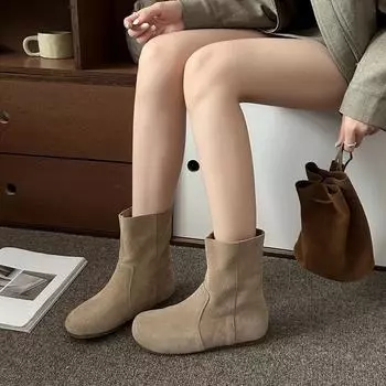 Увеличенная внутренняя высота 5 см, полусапожки с круглым носком, женские, осень-зима 2024 года, новые, с мягкой подошвой, меховые, с откидным носком, ботинки Boken, ботинки Martin 35 хаки