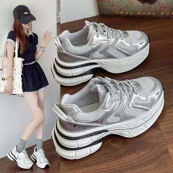 Увеличенная высота дышащих кроссовок Pops женские осенние туфли с толстой подошвой легкие белые туфли серебристые сетчатые повседневные кроссовки 35 серебряный