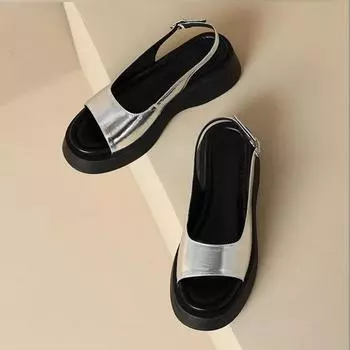 Увеличенная высота толстая подошва открытый носок римские сандалии летние новые женские туфли повседневные танкетки черные серебристые ретро сандалии женские 35 чёрный