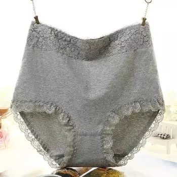 Увеличенное хлопковое женское нижнее белье с высокой талией, однотонные брюки с треугольными краями и кружевной кромкой, женское нижнее белье с высокой талией и подъемом талии L серый